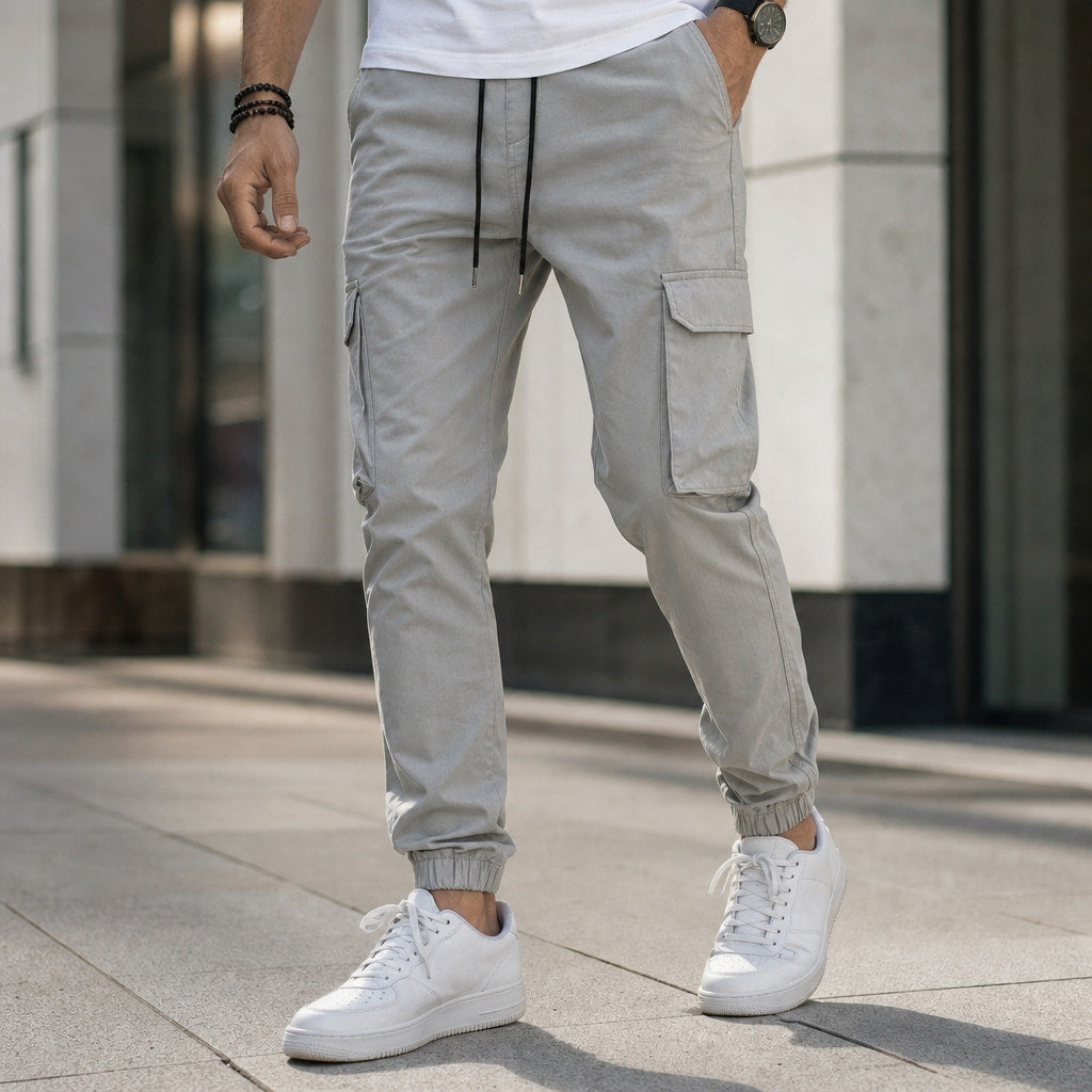 Cargo Pants Tapered Jogger Grey – Styled Editorial Shot