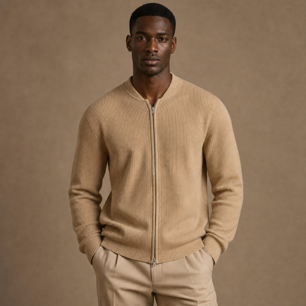 Belgravia Ribbed Full-Zip Beige – Product Photo