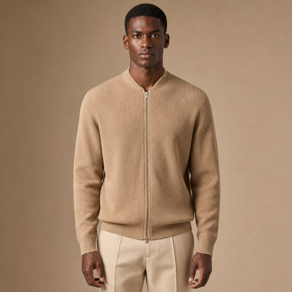 Belgravia Ribbed Full-Zip in Beige – Tarlano Premium Menswear