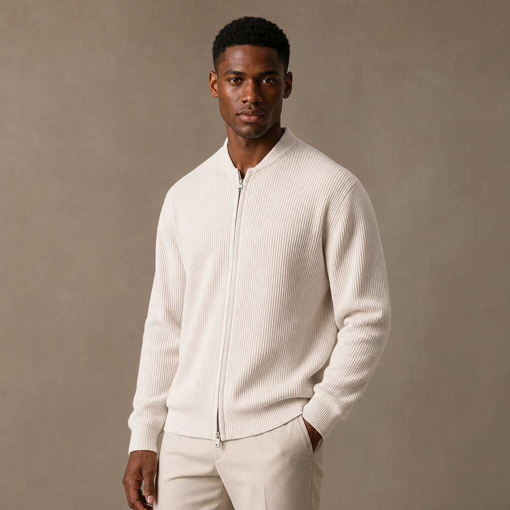 Belgravia Ribbed Full-Zip Ivory – Side Angle View