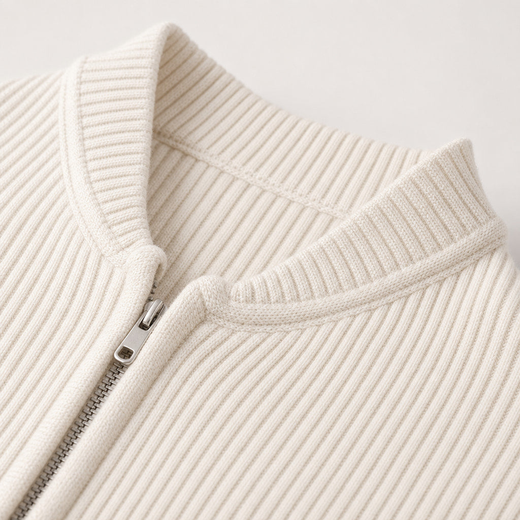 Belgravia Ribbed Full-Zip Ivory – Fabric and Detail Close-Up