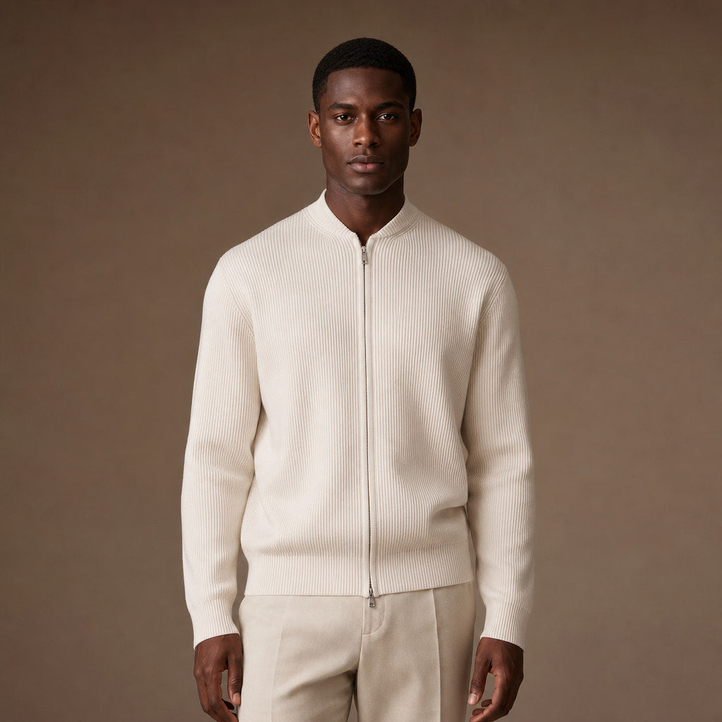 Belgravia Ribbed Full-Zip in Ivory – Tarlano Premium Menswear