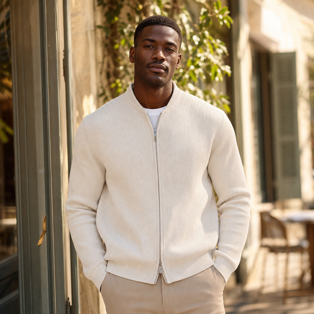Belgravia Ribbed Full-Zip Ivory – Styled Editorial Shot