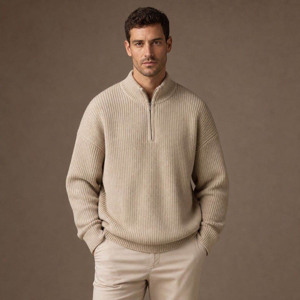 Belgravia Ribbed Quarter-Zip Beige – Product Photo