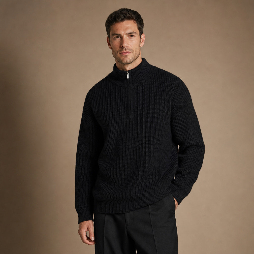 Belgravia Ribbed Quarter-Zip Black – Side Angle View
