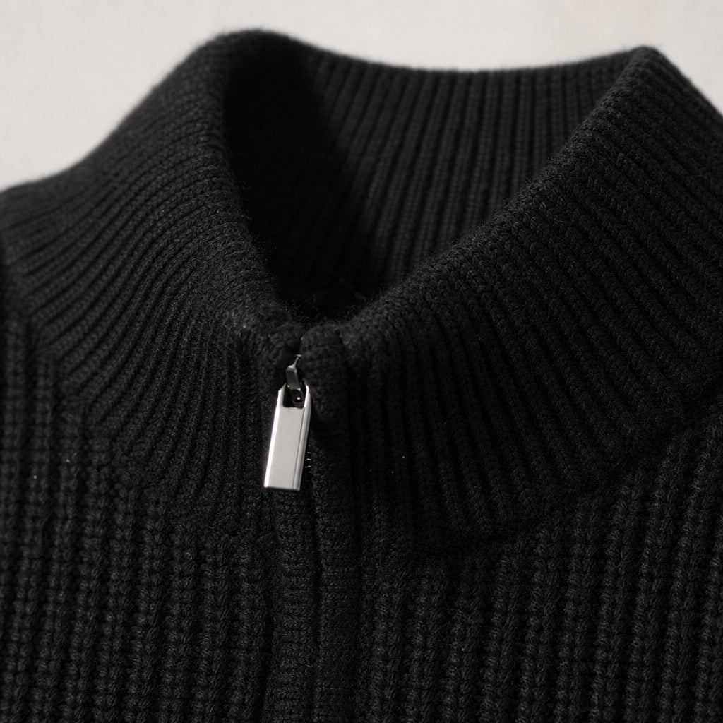 Belgravia Ribbed Quarter-Zip Black – Fabric and Detail Close-Up