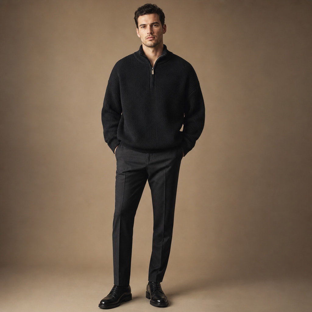 Belgravia Ribbed Quarter-Zip Black – Full Look
