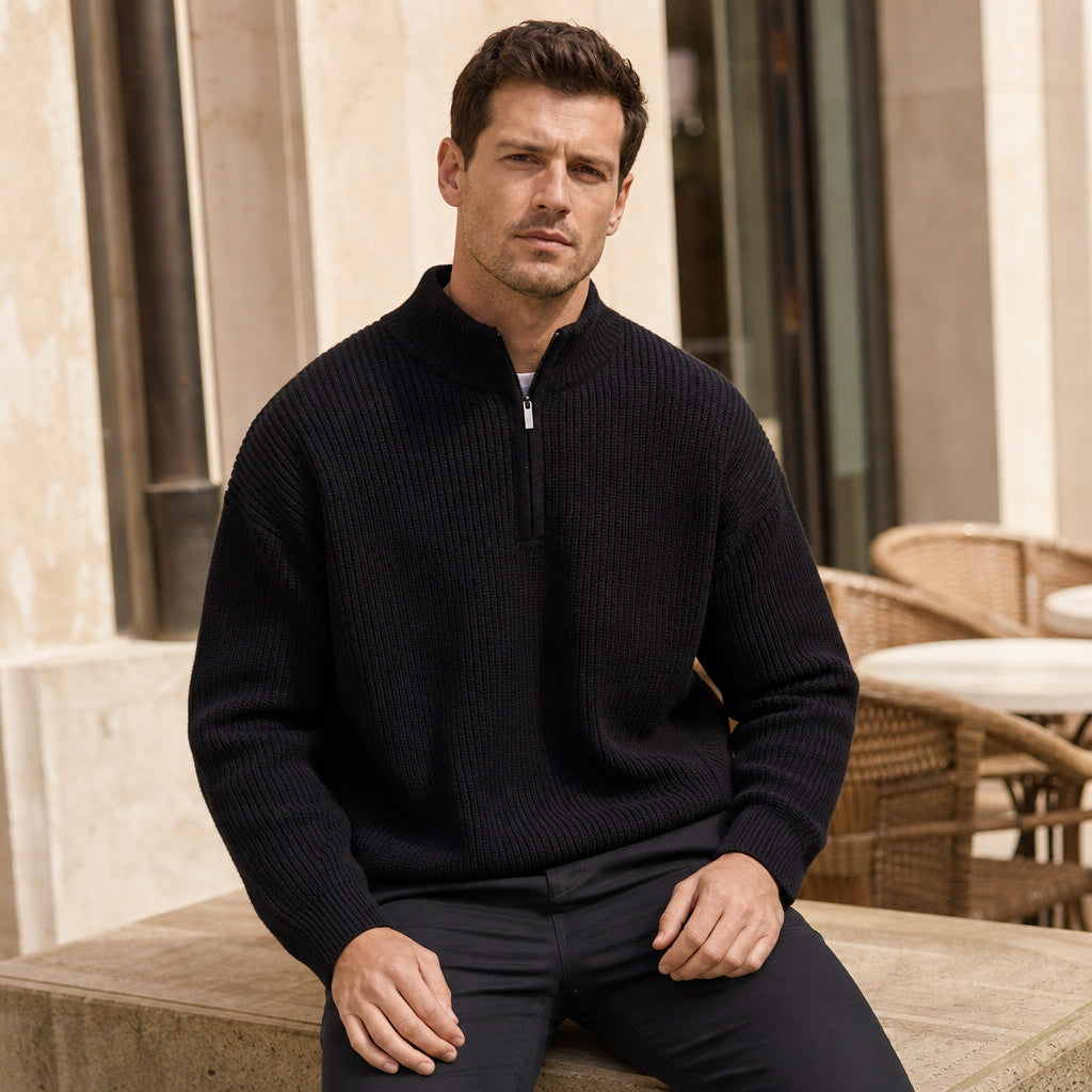 Belgravia Ribbed Quarter-Zip Black – Styled Editorial Shot