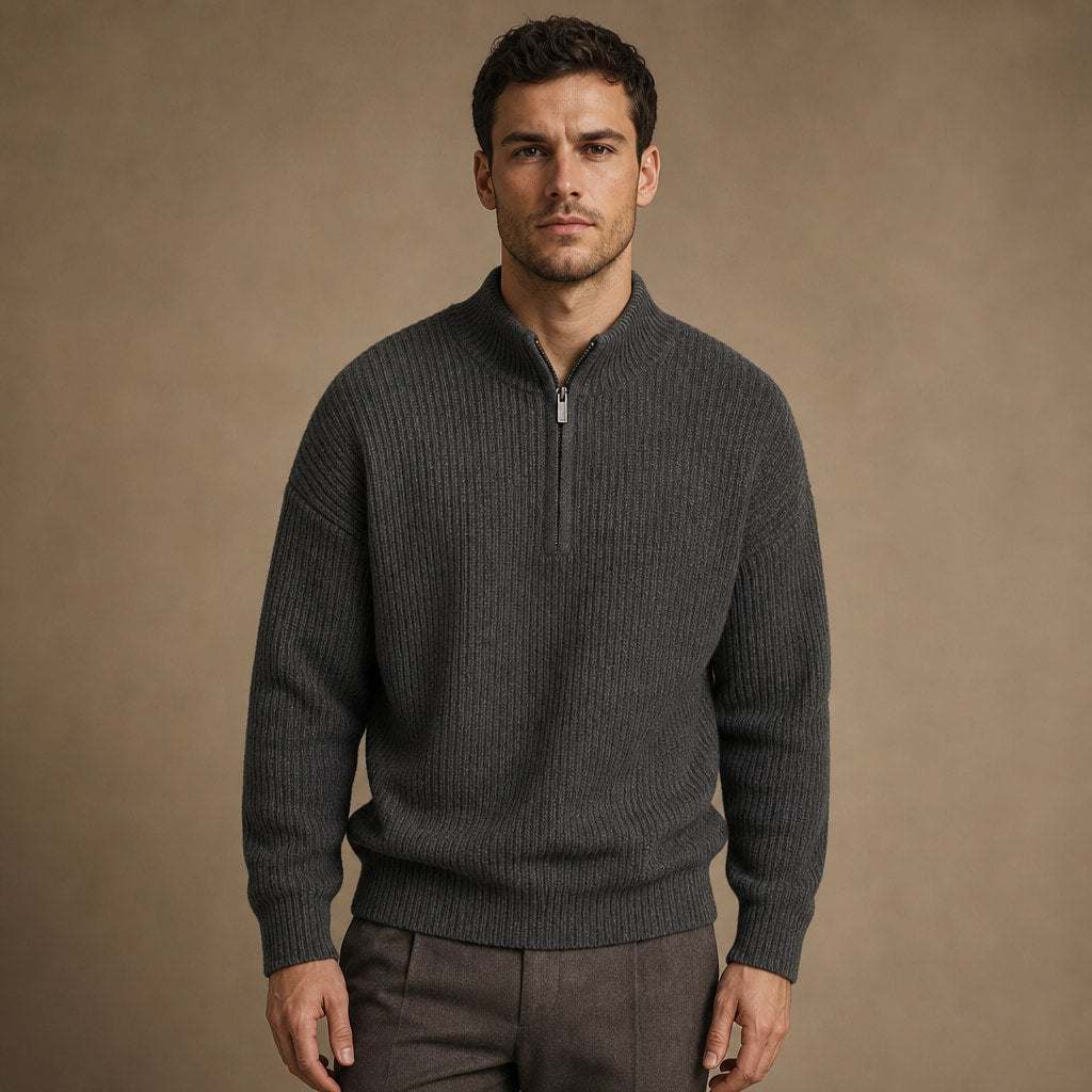 Belgravia Ribbed Quarter-Zip in Dark Gray – Tarlano Premium Menswear