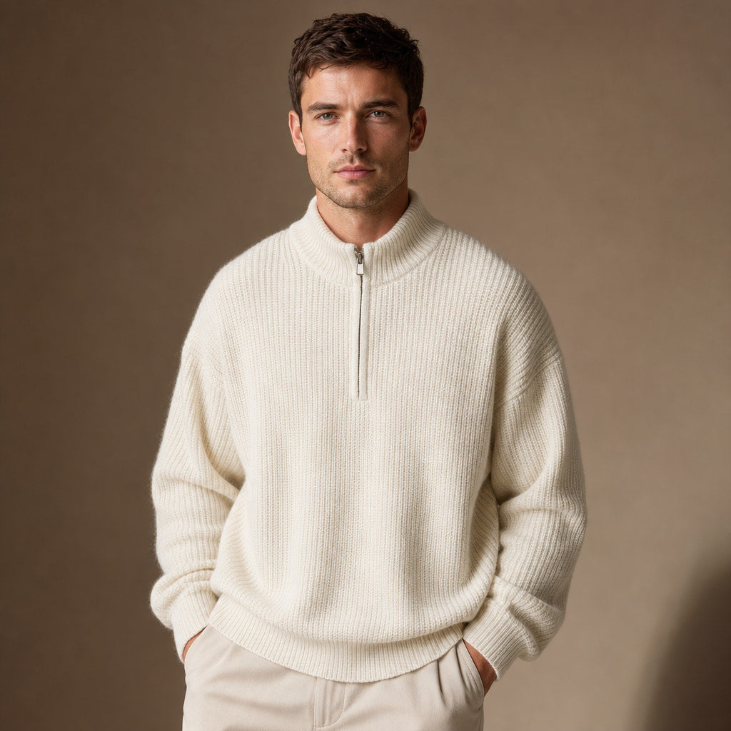 Belgravia Ribbed Quarter-Zip Off White – Product Photo