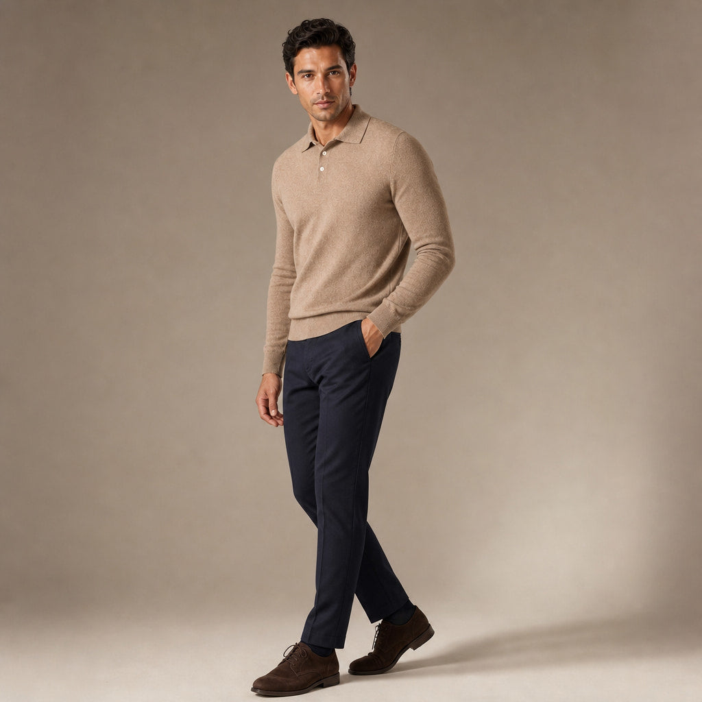 Knit Polo Sweater Button Placket Khaki – Side Angle View