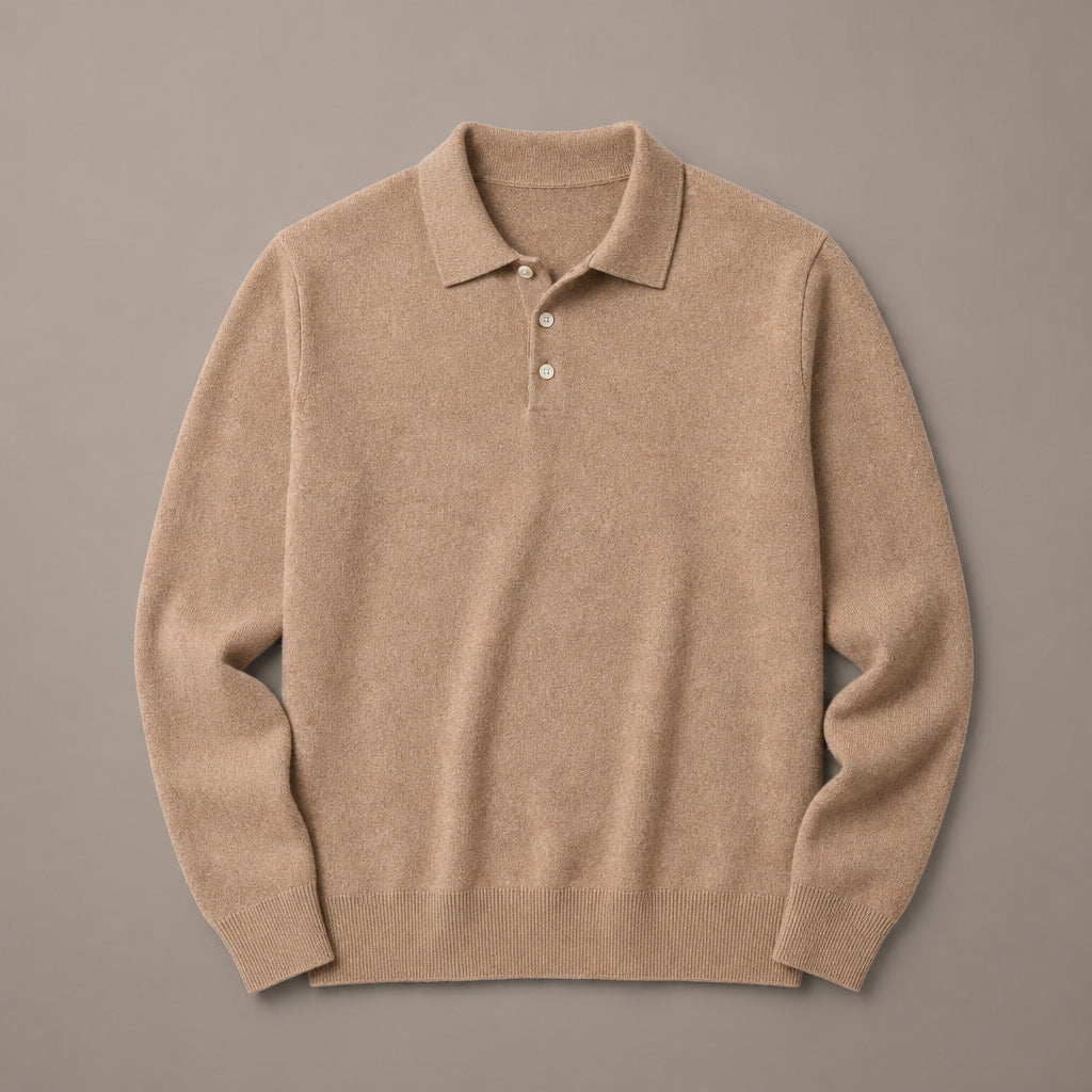 Knit Polo Sweater Button Placket Khaki – Product Photo