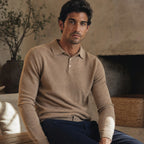 Knit Polo Sweater Button Placket Khaki – Styled Editorial Shot