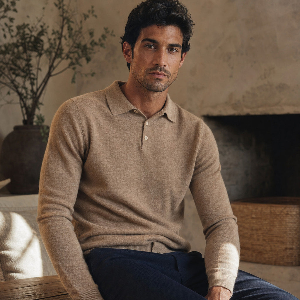 Knit Polo Sweater Button Placket Khaki – Styled Editorial Shot