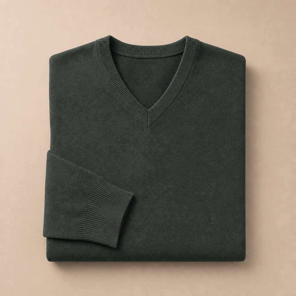 V-Neck Knit Sweater Slim Fit Army Green – Product Photo