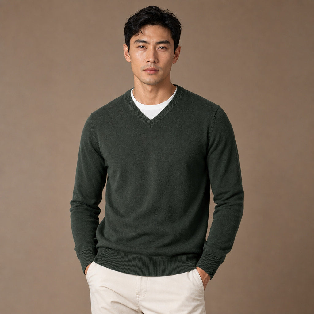 V-Neck Knit Sweater Slim Fit in Army Green – Tarlano Premium Menswear