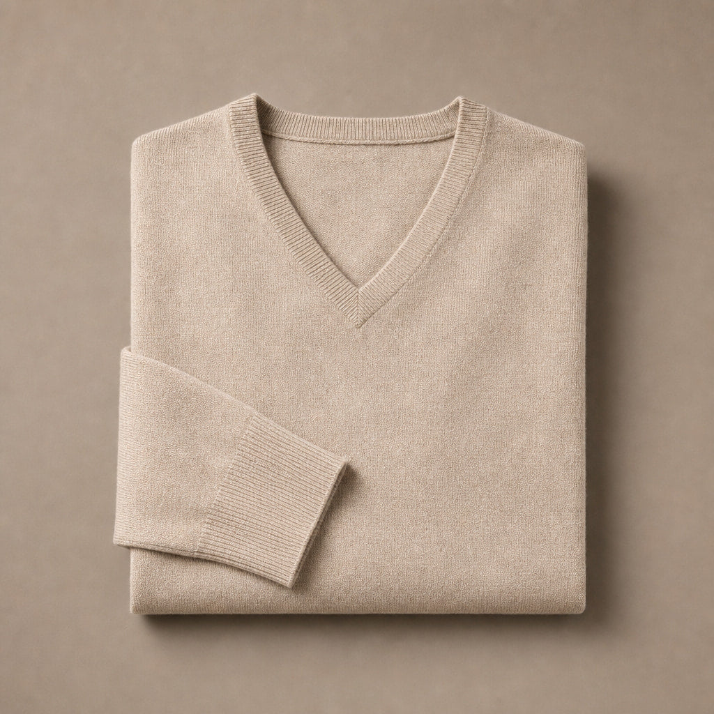 V-Neck Knit Sweater Slim Fit Beige – Product Photo