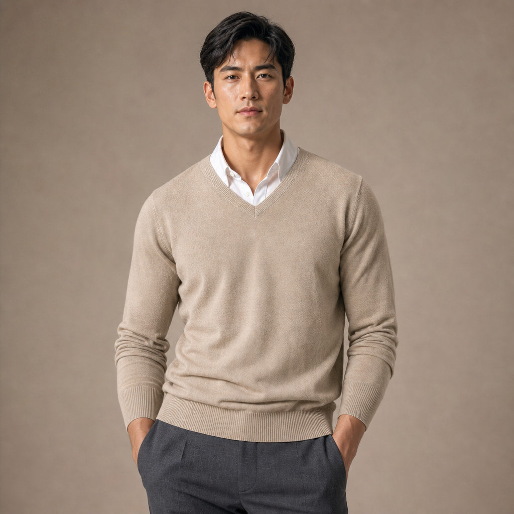 V-Neck Knit Sweater Slim Fit in Beige – Tarlano Premium Menswear