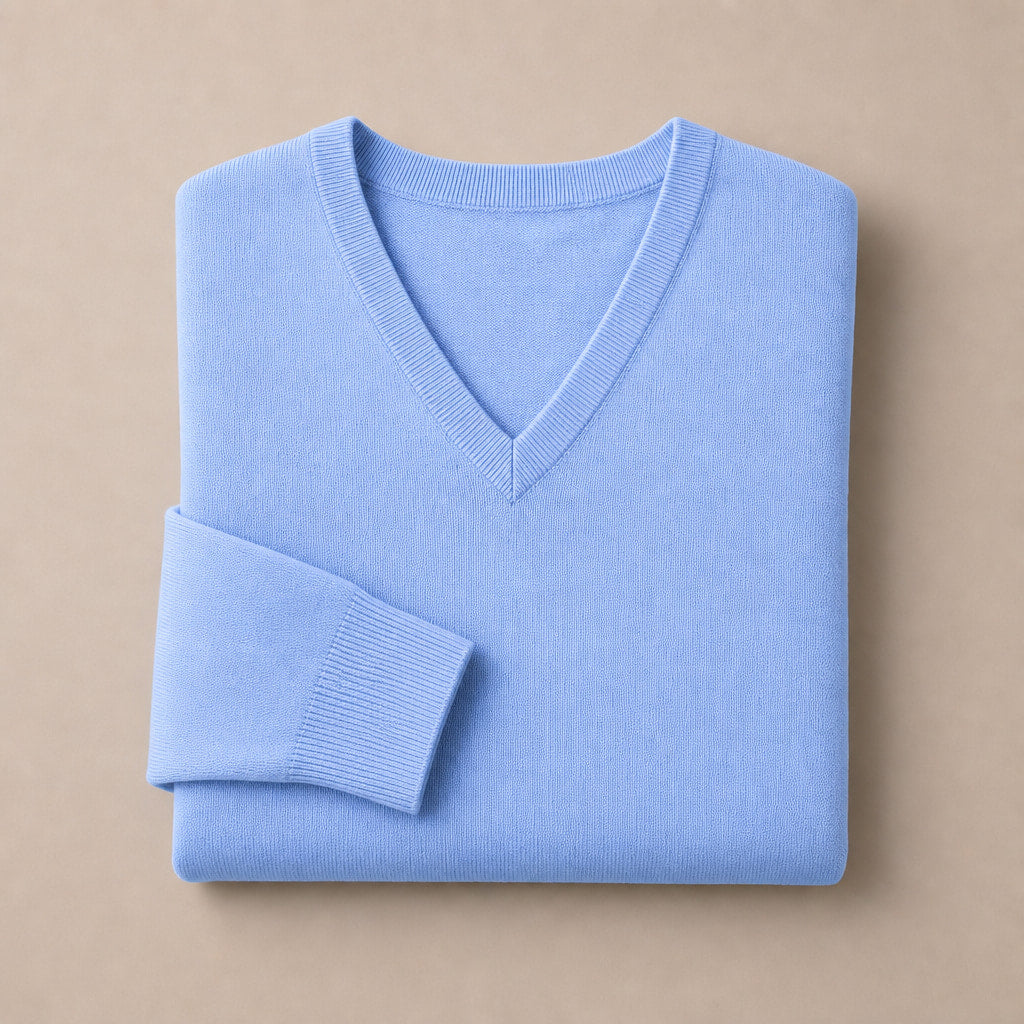 V-Neck Knit Sweater Slim Fit Light Blue – Product Photo