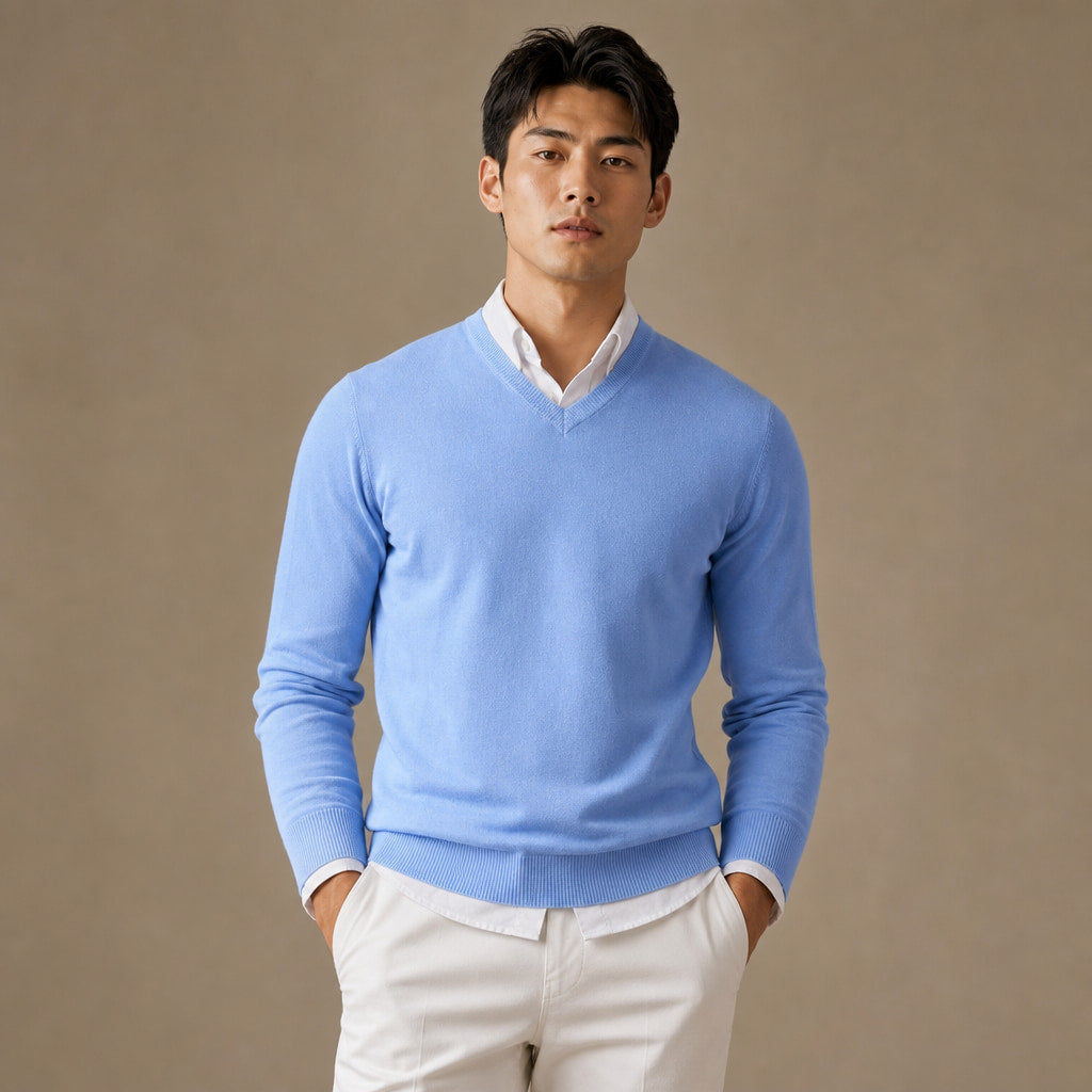V-Neck Knit Sweater Slim Fit in Light Blue – Tarlano Premium Menswear