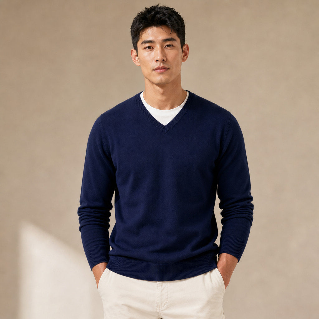 V-Neck Knit Sweater Slim Fit in Navy – Tarlano Premium Menswear
