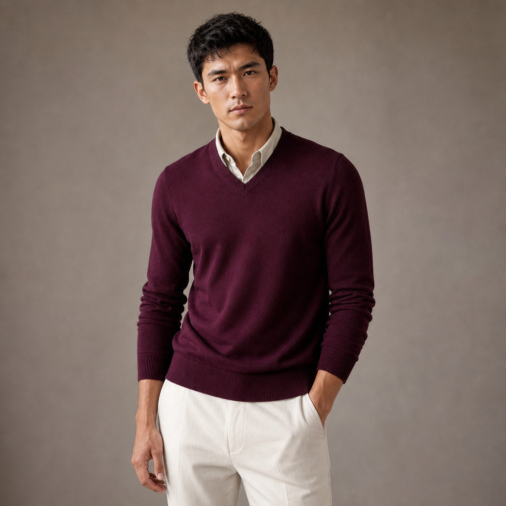 V-Neck Knit Sweater Slim Fit Wine – Side Angle View