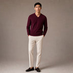 V-Neck Knit Sweater Slim Fit Wine – Full Look