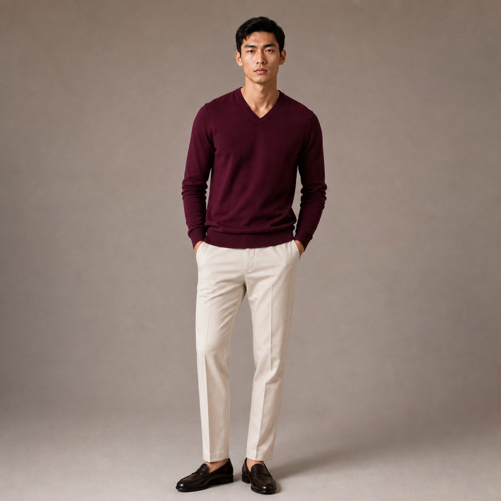 V-Neck Knit Sweater Slim Fit Wine – Full Look