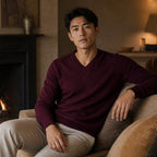 V-Neck Knit Sweater Slim Fit Wine – Styled Editorial Shot