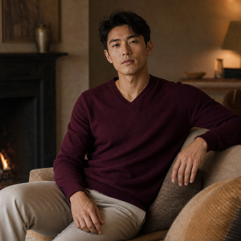 V-Neck Knit Sweater Slim Fit Wine – Styled Editorial Shot