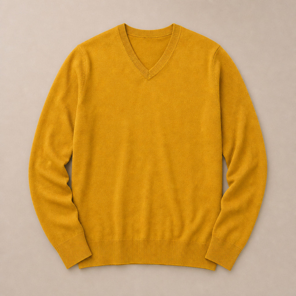 V-Neck Knit Sweater Slim Fit Yellow – Product Photo