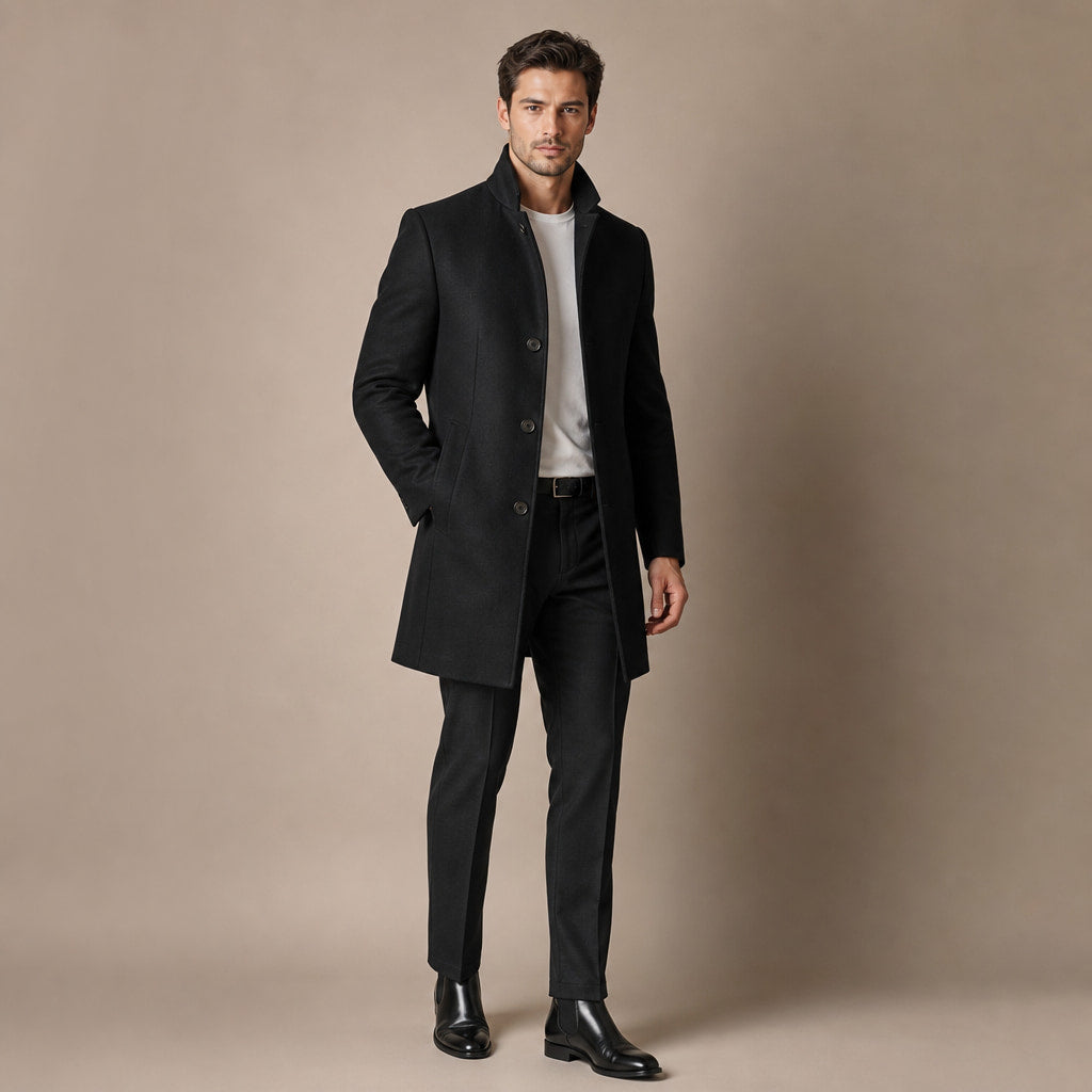 Trench Coat Wool Blend Tailored Overcoat Black – Side Angle View