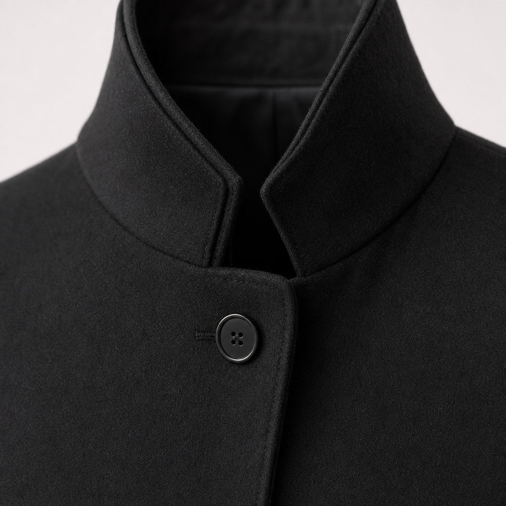 Trench Coat Wool Blend Tailored Overcoat Black – Fabric and Detail Close-Up