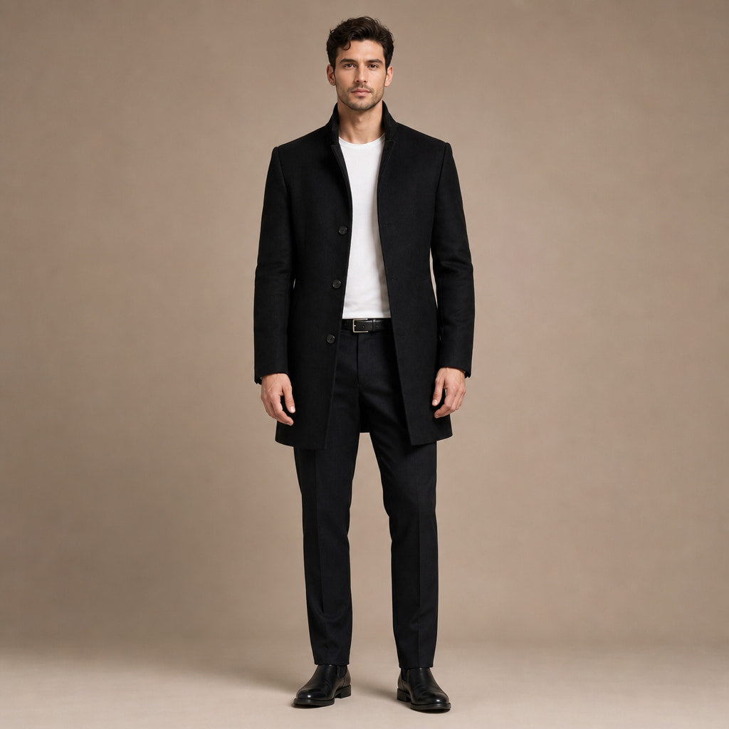 Trench Coat Wool Blend Tailored Overcoat in Black – Tarlano Premium Menswear
