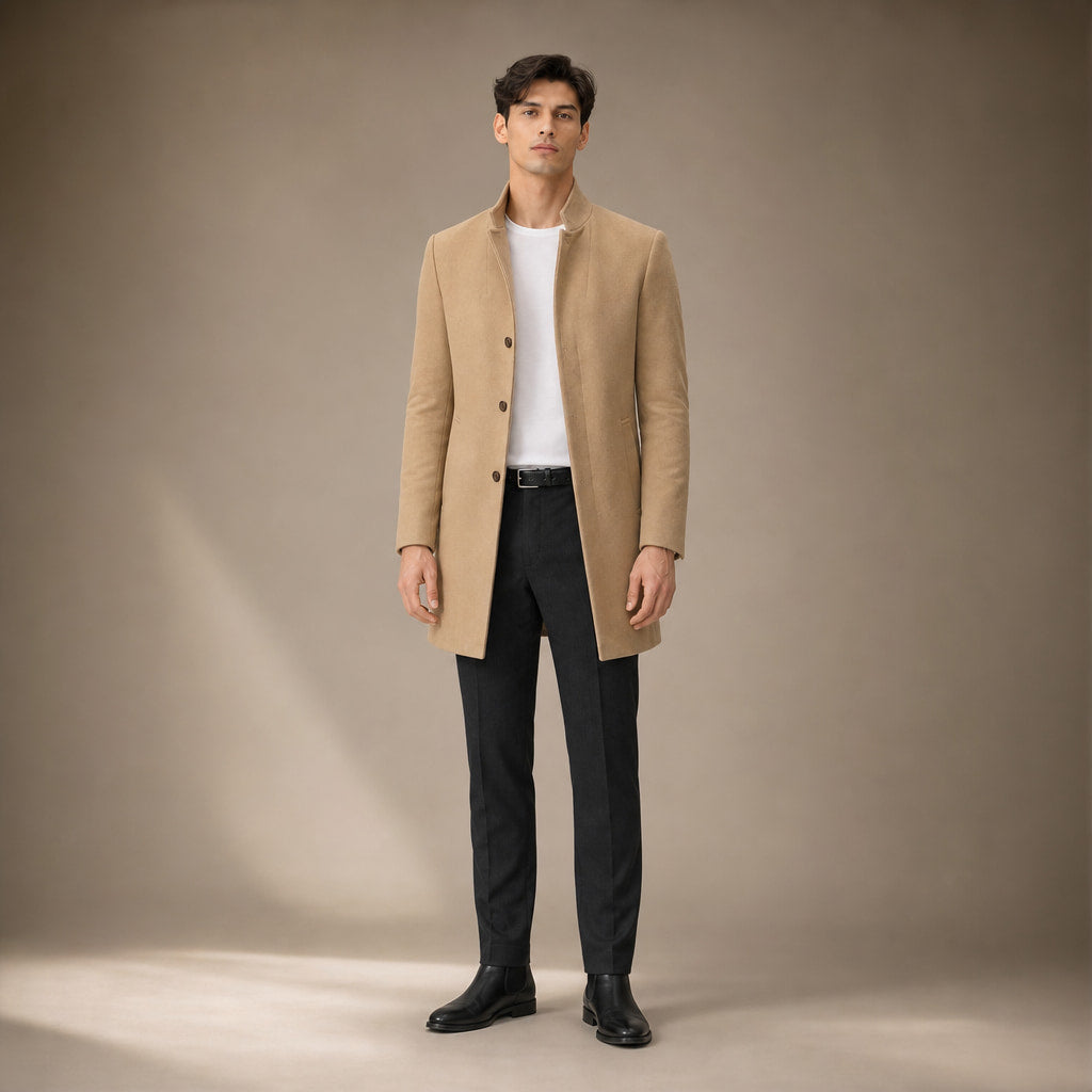 Trench Coat Wool Blend Tailored Overcoat in Khaki – Tarlano Premium Menswear