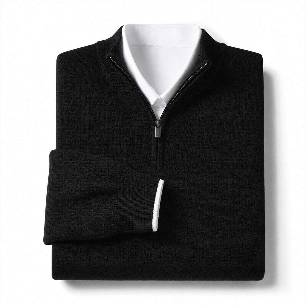 Quarter Zip Sweater Ribbed Knit Fine Gauge Black – Product Photo