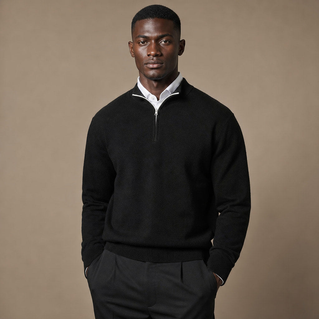 Quarter Zip Sweater Ribbed Knit Fine Gauge in Black – Tarlano Premium Menswear