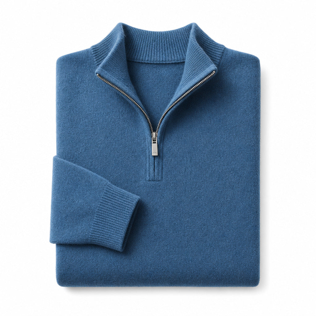 Quarter Zip Sweater Ribbed Knit Fine Gauge Blue – Product Photo