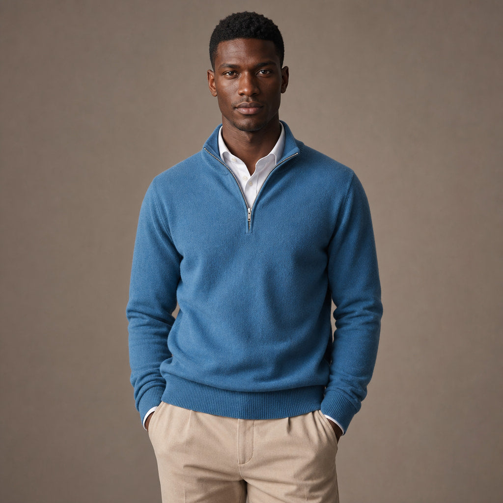 Quarter Zip Sweater Ribbed Knit Fine Gauge in Blue – Tarlano Premium Menswear
