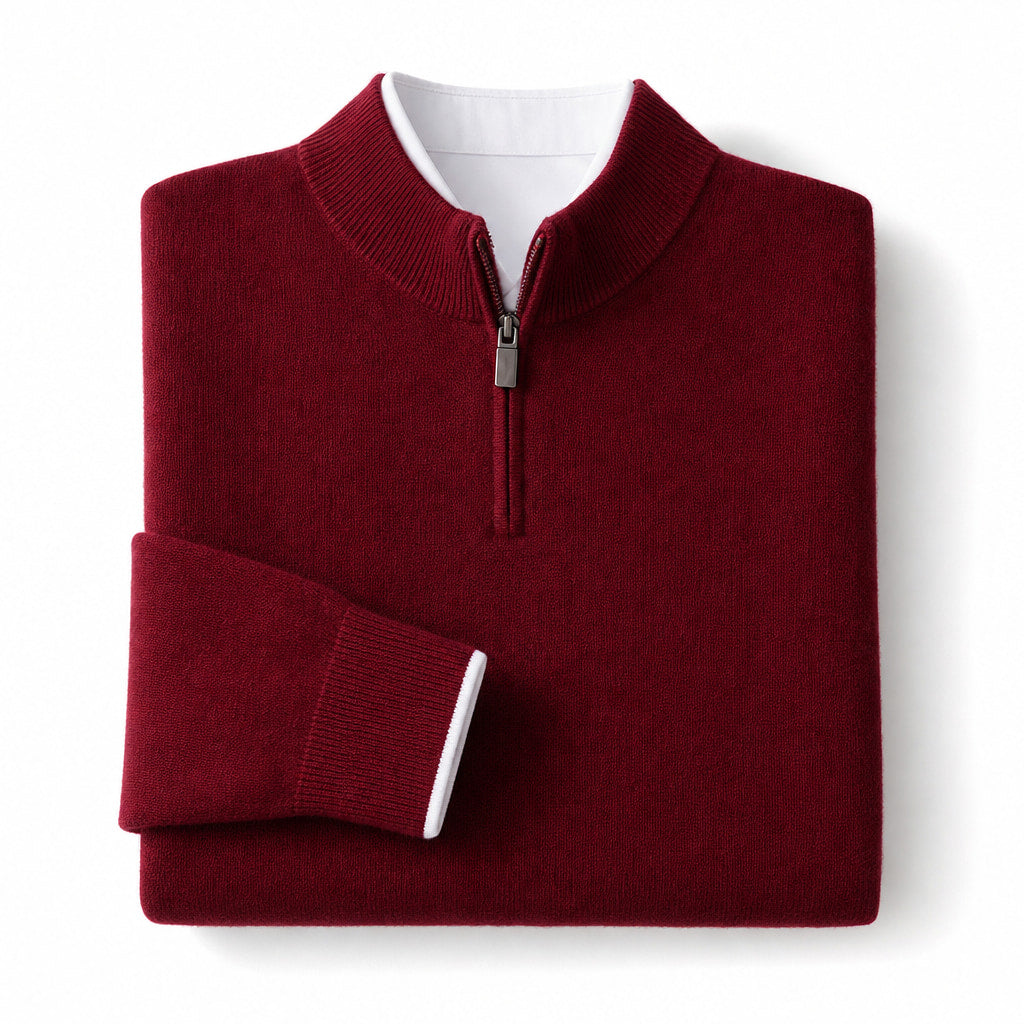 Quarter Zip Sweater Ribbed Knit Fine Gauge Burgundy – Product Photo