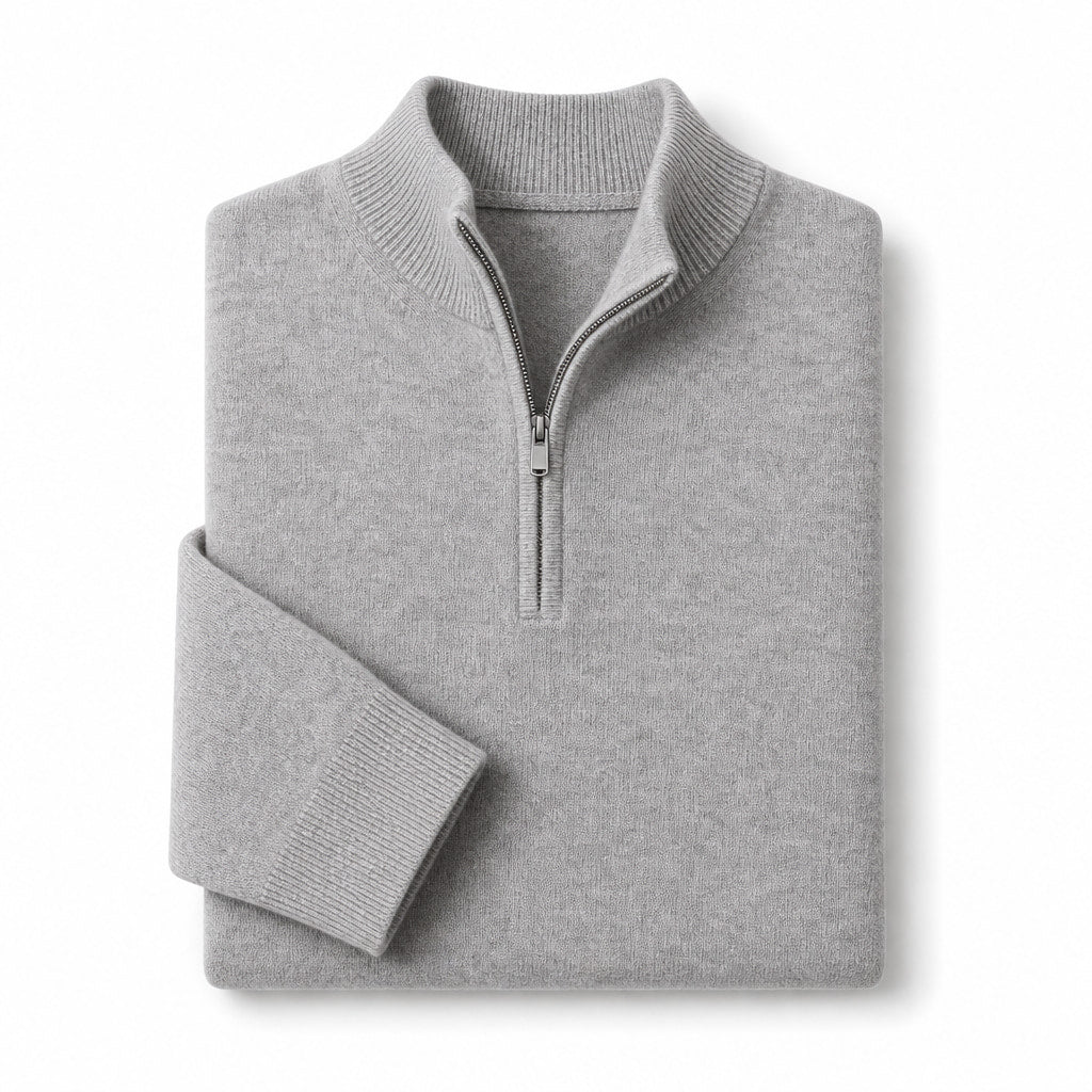 Quarter Zip Sweater Ribbed Knit Fine Gauge Gray – Product Photo