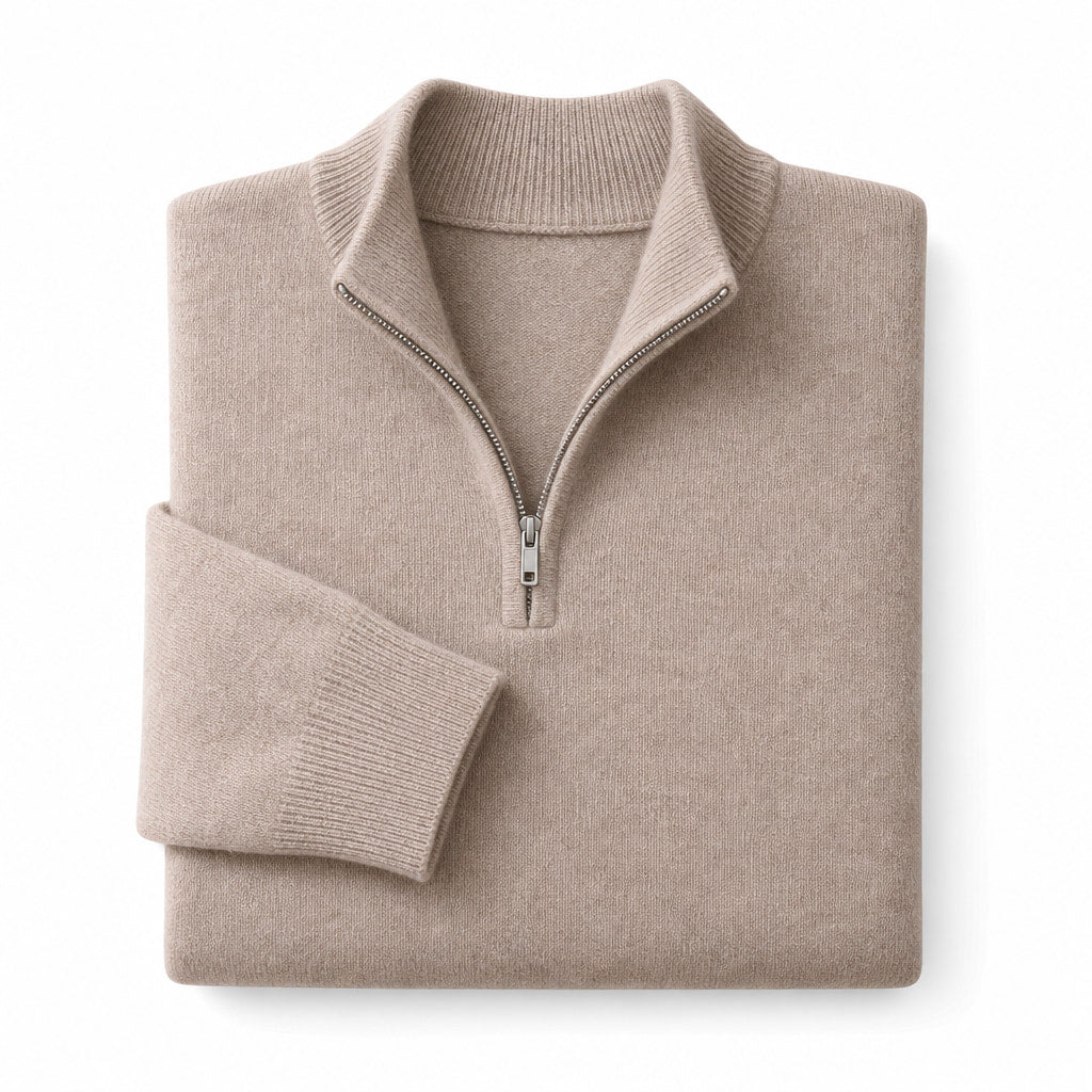 Quarter Zip Sweater Ribbed Knit Fine Gauge Khaki – Product Photo