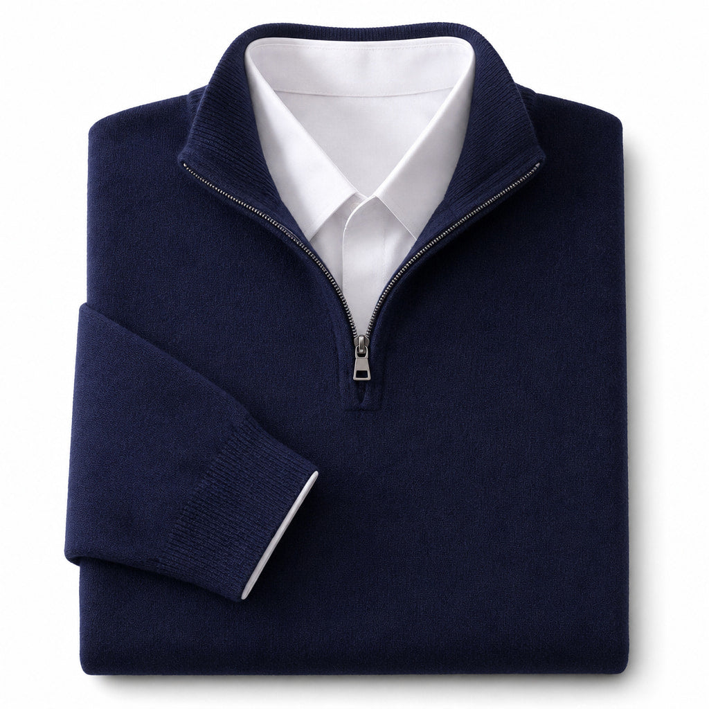 Quarter Zip Sweater Ribbed Knit Fine Gauge Navy – Product Photo