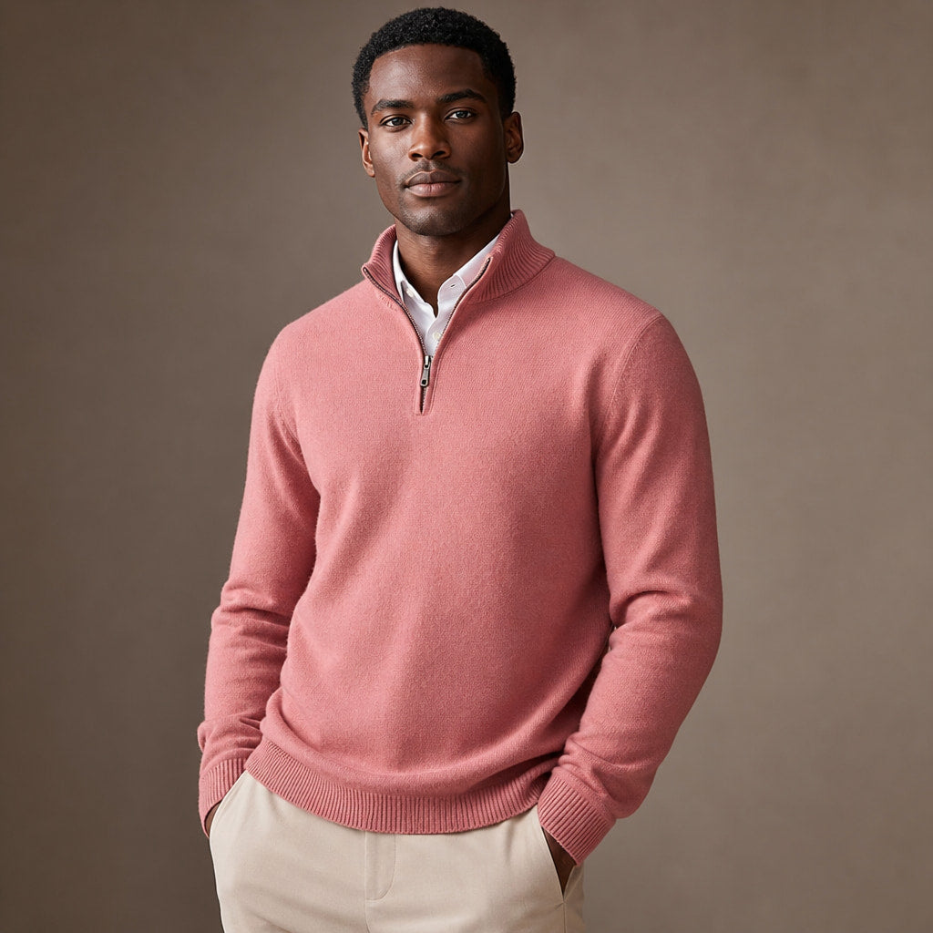 Quarter Zip Sweater Ribbed Knit Fine Gauge Pink – Side Angle View