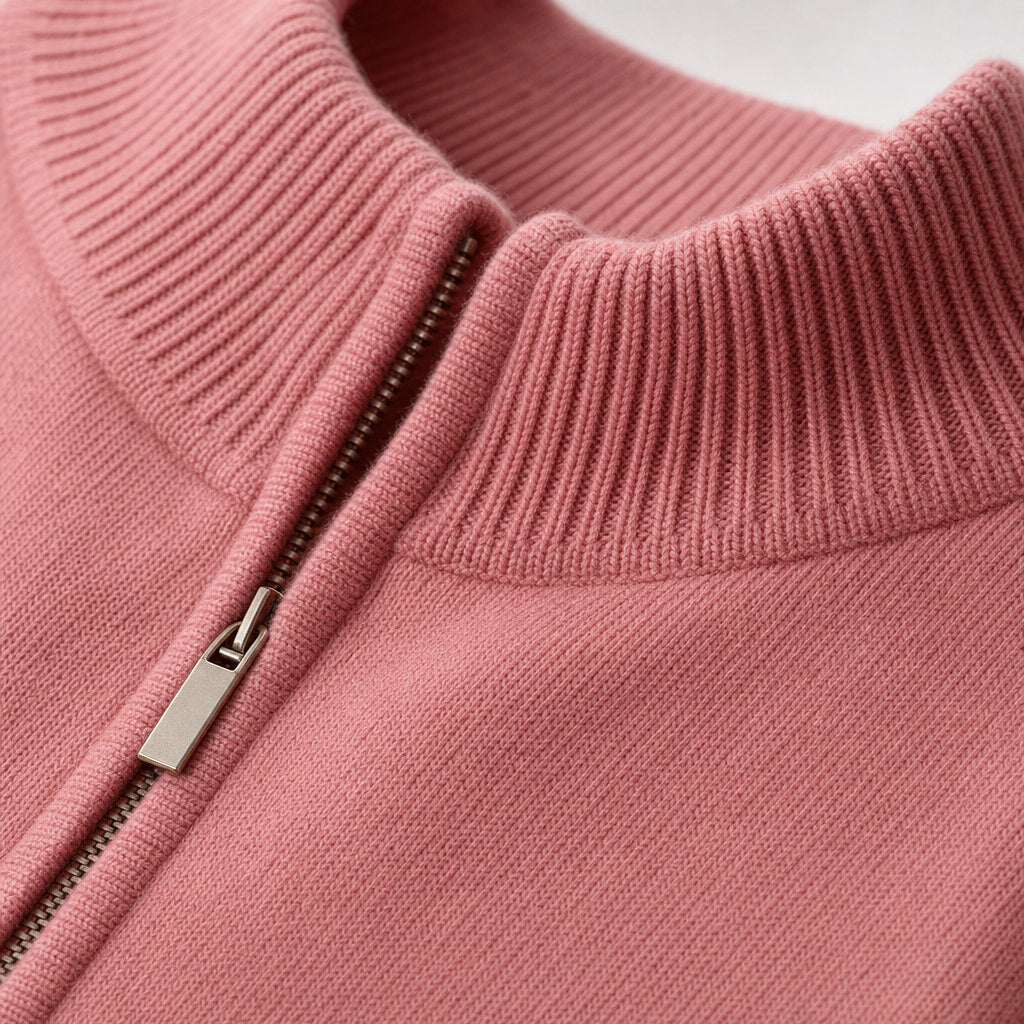 Quarter Zip Sweater Ribbed Knit Fine Gauge Pink – Fabric and Detail Close-Up