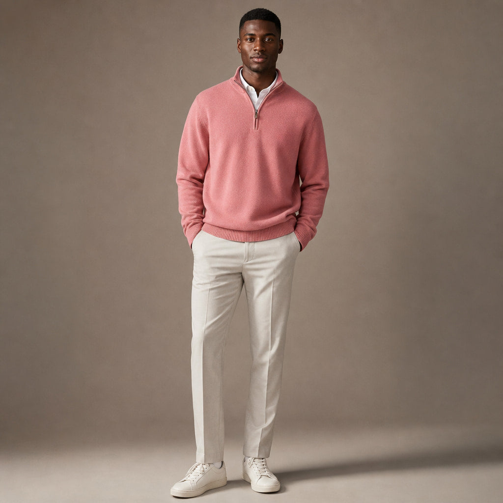 Quarter Zip Sweater Ribbed Knit Fine Gauge Pink – Full Look