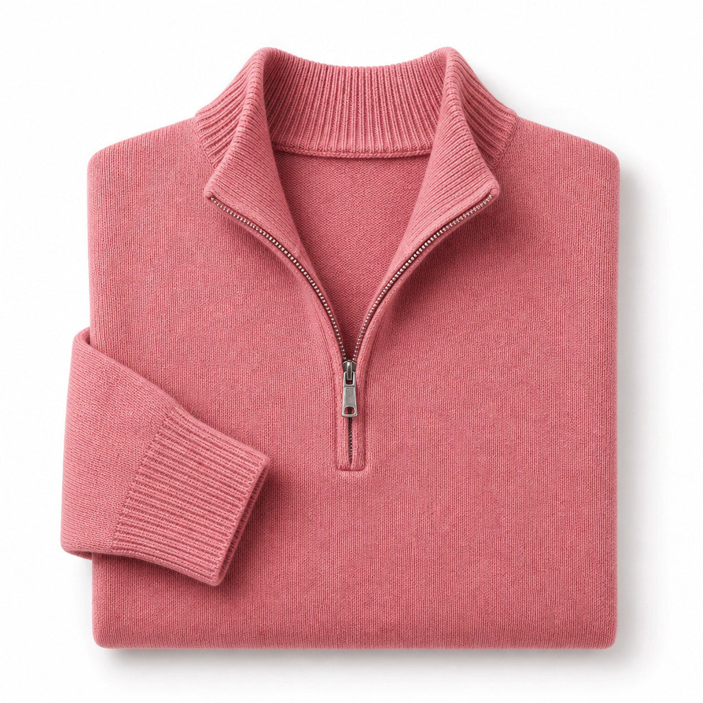 Quarter Zip Sweater Ribbed Knit Fine Gauge Pink – Product Photo
