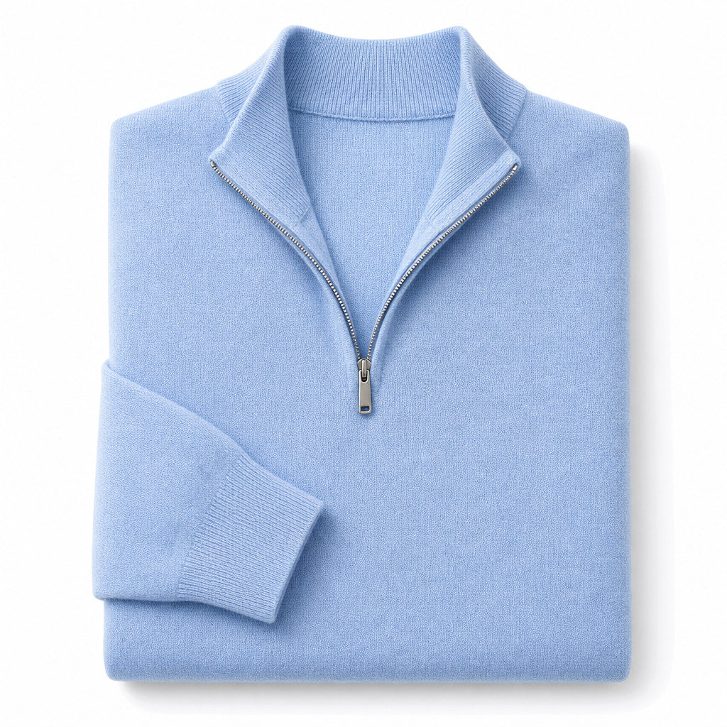 Quarter Zip Sweater Ribbed Knit Fine Gauge Sky Blue – Product Photo