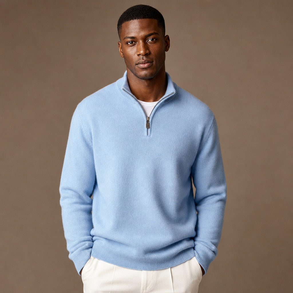 Quarter Zip Sweater Ribbed Knit Fine Gauge in Sky Blue – Tarlano Premium Menswear