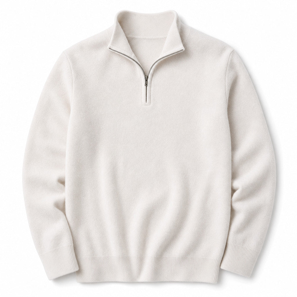 Quarter Zip Sweater Ribbed Knit Fine Gauge White – Product Photo